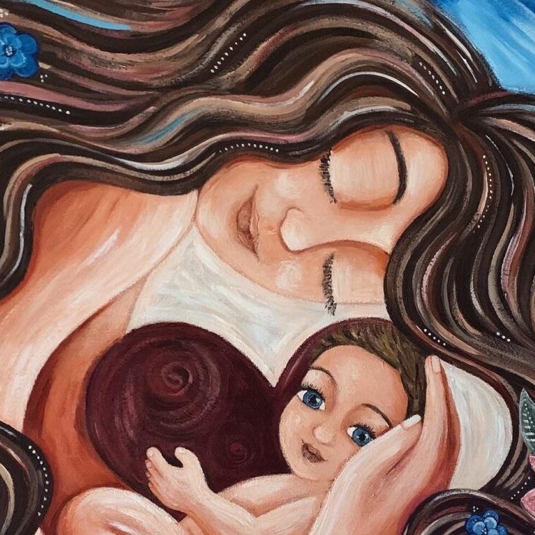 Dessin d'une femme, maman qui prend dans ses bras son bébé